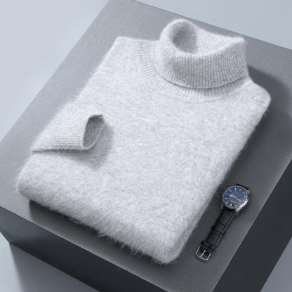 Autumn and Winter Men Loose Turtleneck 100% Mink Cashmere Sweater Men's Casual Thermal Pullover Solid Color Knit Plus-Size Top