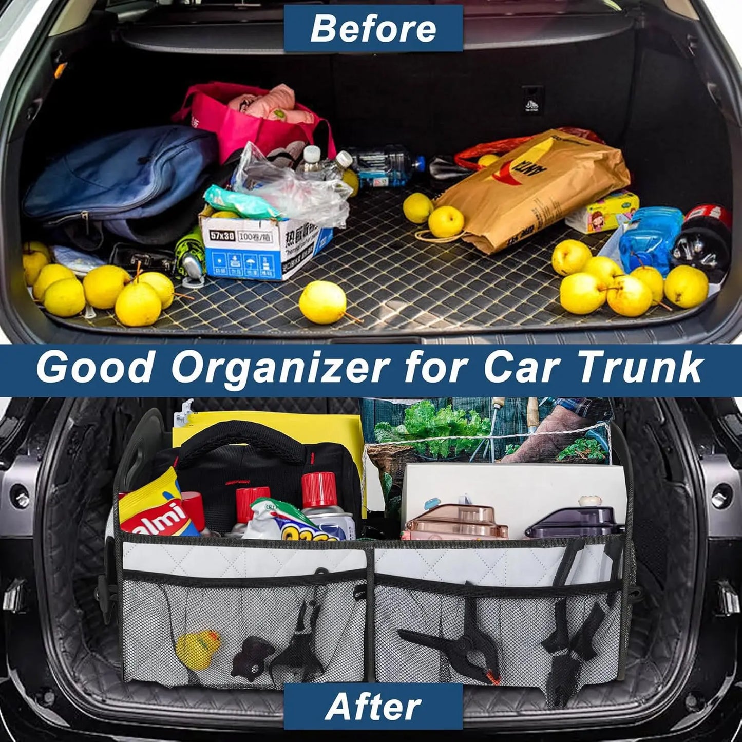 Auto Trunk Organizer with 6 Pockets - Premium Car Storage for Sedan/Truck, Durable Auto Accessories Organizer, Collapsible