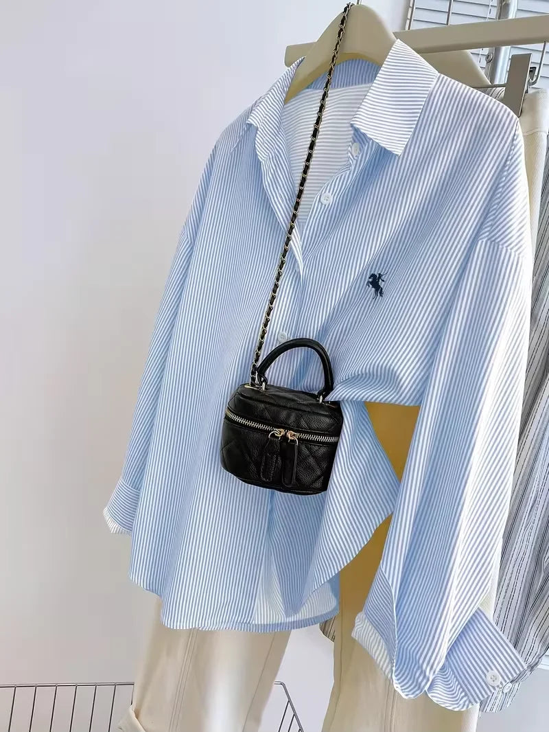 women s long-sleeve blouse ， Women's Striped Knight Print Front Button-Up Casual Long Sleeve Shirt