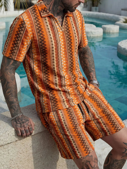 2026 Summer Men's Fashion Knitted Hook Flower Collar T-shirt Outdoor Leisure Sports Beach Vacation Cool Breathable Polo Shirt