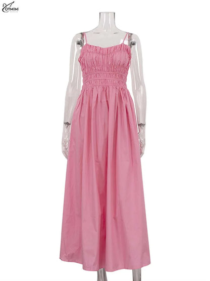 Oymimi Fashion Pink Cotton Women's Dress Elegant Spaghetti Strap Open Back Solid Dresses Casual High Waist Ankle-Length Dresses