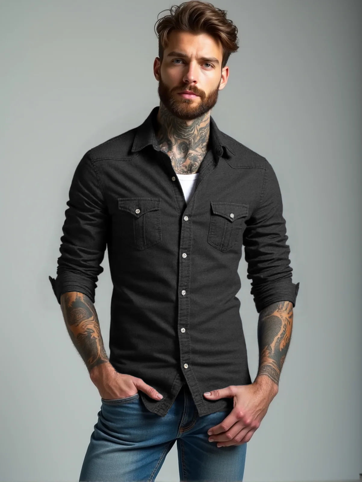 RVHS Elastic Cotton Denim Shirt Men Long Sleeve Quality Cowboy Shirts for Men Casual Slim Fit Mens Designer Clothing