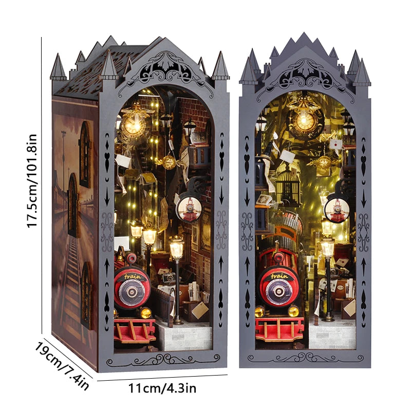 DIY Wooden Doll Houses Book Nook Shelf Insert Kit Miniature Model Kits 3D Puzzle Bookshelf With  LED Lights For Christmas Gifts