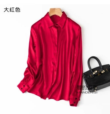 Luxury Satin silk shirt women's long sleeve 93% mulberry silk shirt commuter office lady style for Spring/Summer