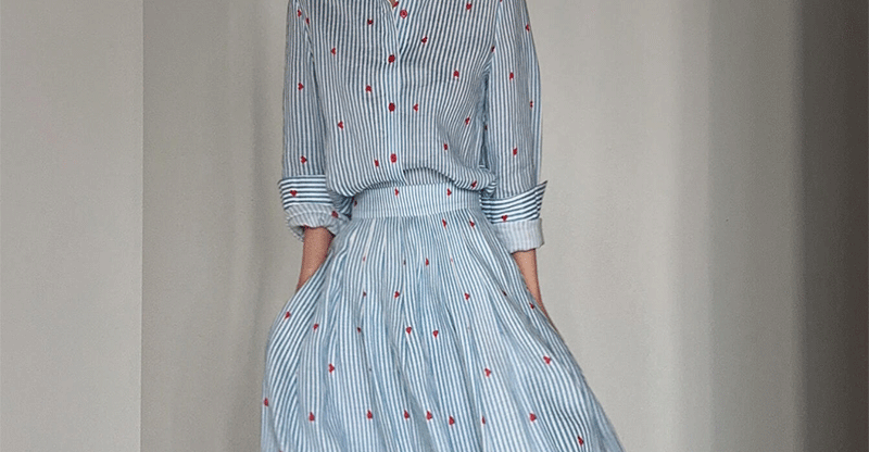 Blue Striped Linen Set Women's Long Sleeve Heart Print Blouse Half Skirt Two Piece Set Summer Fashion Ensemble for Young Women