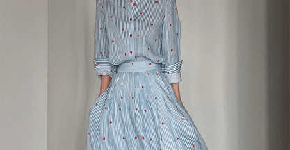 Blue Striped Linen Set Women's Long Sleeve Heart Print Blouse Half Skirt Two Piece Set Summer Fashion Ensemble for Young Women