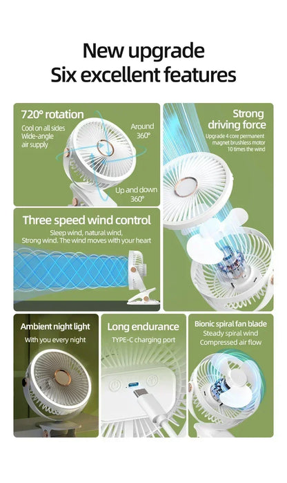 Car Rechargeable Desktop 2000mAh Portable Outdoor Home Fan Air Cycle Device Wireless Ceiling Mounted WithLED Light Clip on Amagi