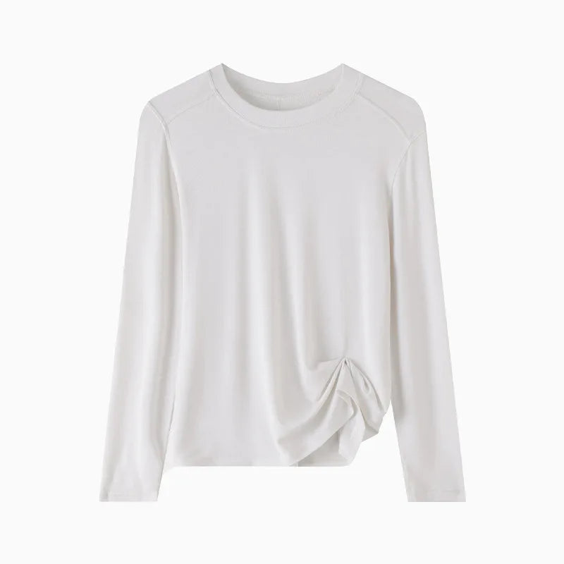 Niche Luxury Women's Solid Color Crew Neck Long Sleeve Knit Top, Soft Breathable Fabric, Casual Daily Inner Wear for Summer