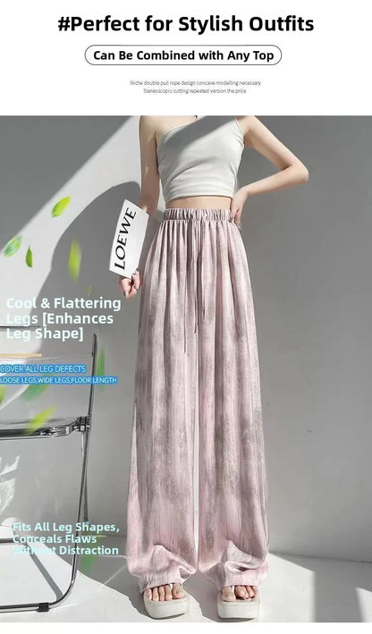 Summer Thin Ice Silk Satin Dyed Wide Leg Pants Women Loose Casual Drape High Waist Slimming Pants Ins Straight Leg Elastic Wa...
