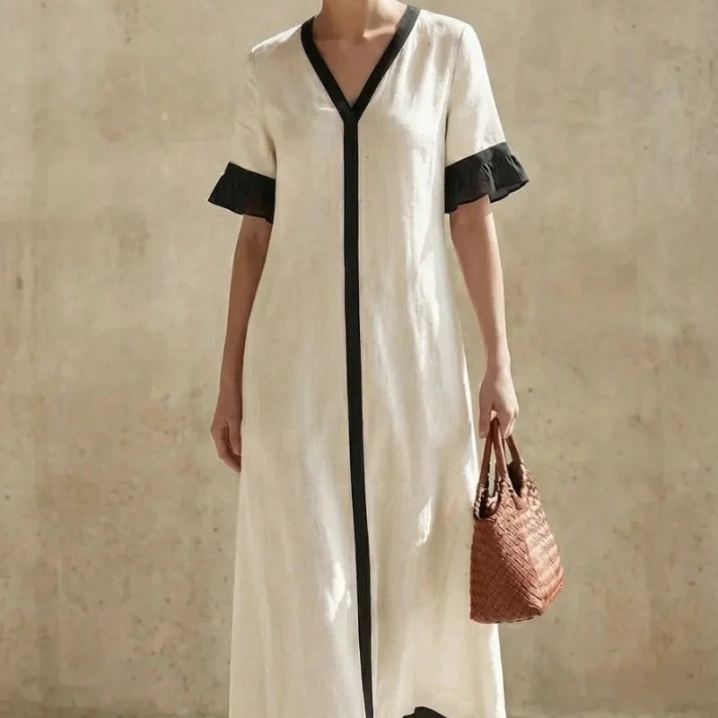 Summer Women Color Block V-Neck Short Sleeve Dress Loose Fit Long Maxi Dress Elegant Casual Beach Outfit