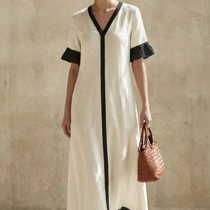 Summer Women Color Block V-Neck Short Sleeve Dress Loose Fit Long Maxi Dress Elegant Casual Beach Outfit