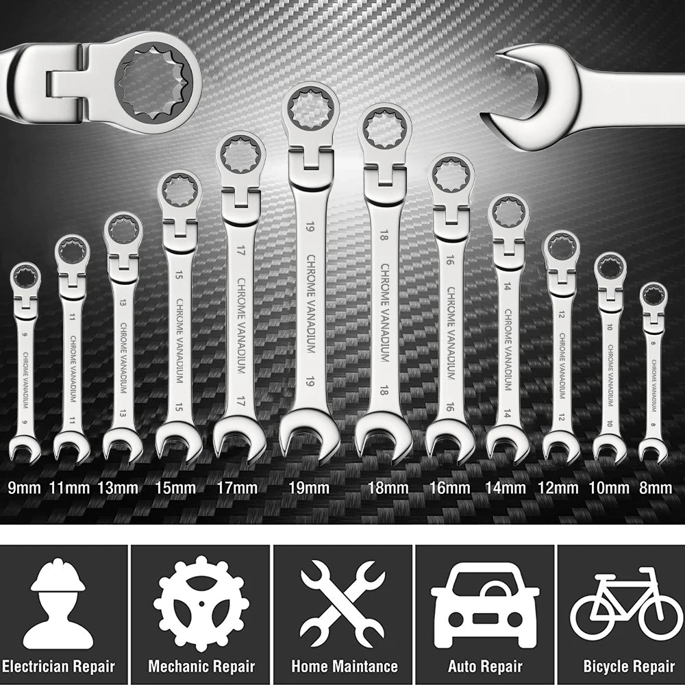 Ratchet Spanner Wrench Set Gear Ring Ratcheting Combination Wrench Kit Metric Flexible Head with Canvas Bag  Metric Flex Head