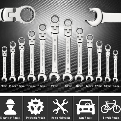 Ratchet Spanner Wrench Set Gear Ring Ratcheting Combination Wrench Kit Metric Flexible Head with Canvas Bag  Metric Flex Head