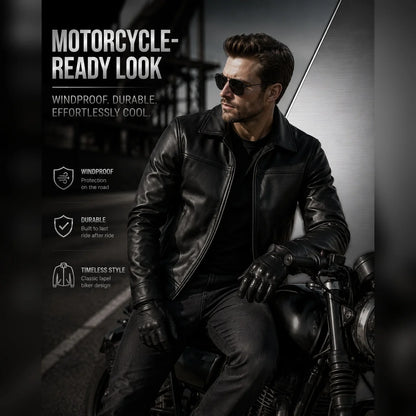 Men's Genuine Cowhide Leather Jacket Black Lapel Biker Coat Slim Fit Wind Proof Motorcycle Zip Up Casual Autumn Winter Outerwear