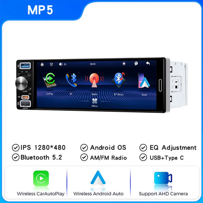 1 Din Car Radio Universal Wireless Carplay Android Auto Car Multimedia MP5 BT Car Stereo Type-C USB FM/AM IPS Touch Screen