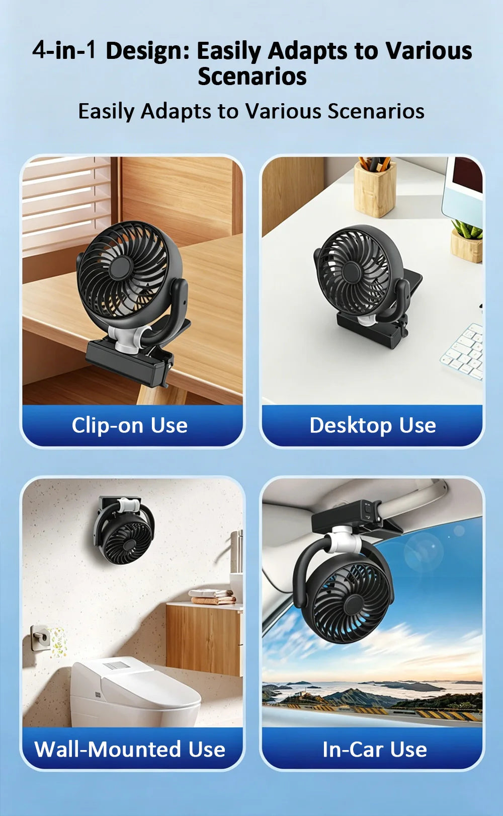 Car Cooling Clamp Fan Brushless Motor USB Rechargeable Fan  3 Speed Wind Rotatable Portable 5 Leaves Fan Car Electronic Tool