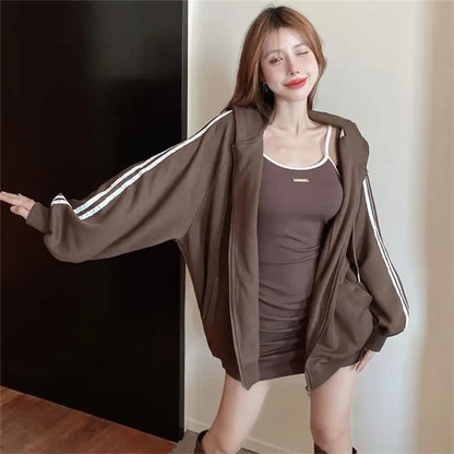 Spicy Girl Set Women's Autumn Fashion High-End Pure Desire Strap Vest  Skirt Hoodie Jacket Two-Piece Set Ladies' Wear