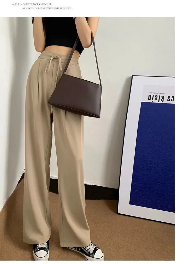 Ice Silk High Waist Wide Leg Pants Women Summer Loose Thin Straight Casual Trousers Korean Style Polyester Fiber Skin-friendl...