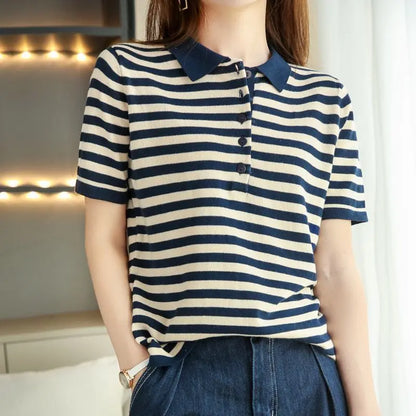 Women's Summer Cotton Yarn Knit Top, Polo Collar Striped Print Slim Fit Short Sleeve Pullover, Elegant Casual Wear