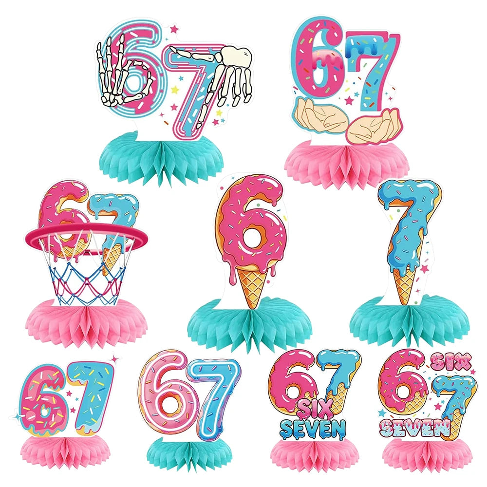 I WAS 6 NOW IM 7 Number 67 Themed Birthday Party Decoration Banner Balloon Cake Toppers＆ Make A Face DIY Stickers Creative Gift