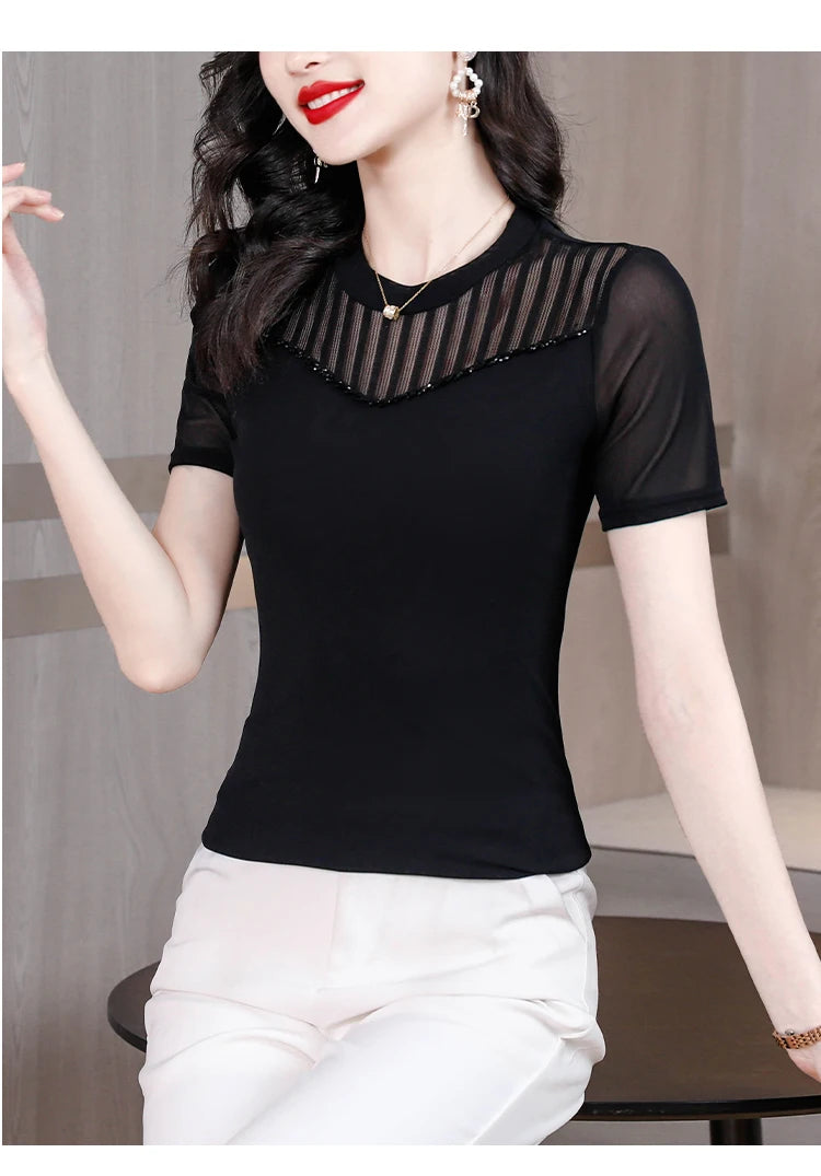 Lace Short Sleeve Slim Fit T-Shirt Women's Summer New Netting Thin Style round Neck Regular Length Pure Color Commute Style