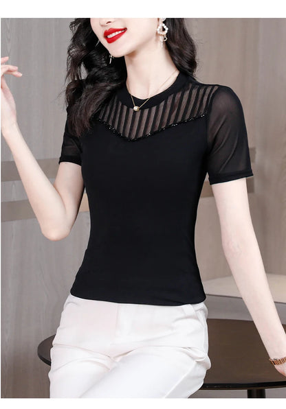 Lace Short Sleeve Slim Fit T-Shirt Women's Summer New Netting Thin Style round Neck Regular Length Pure Color Commute Style