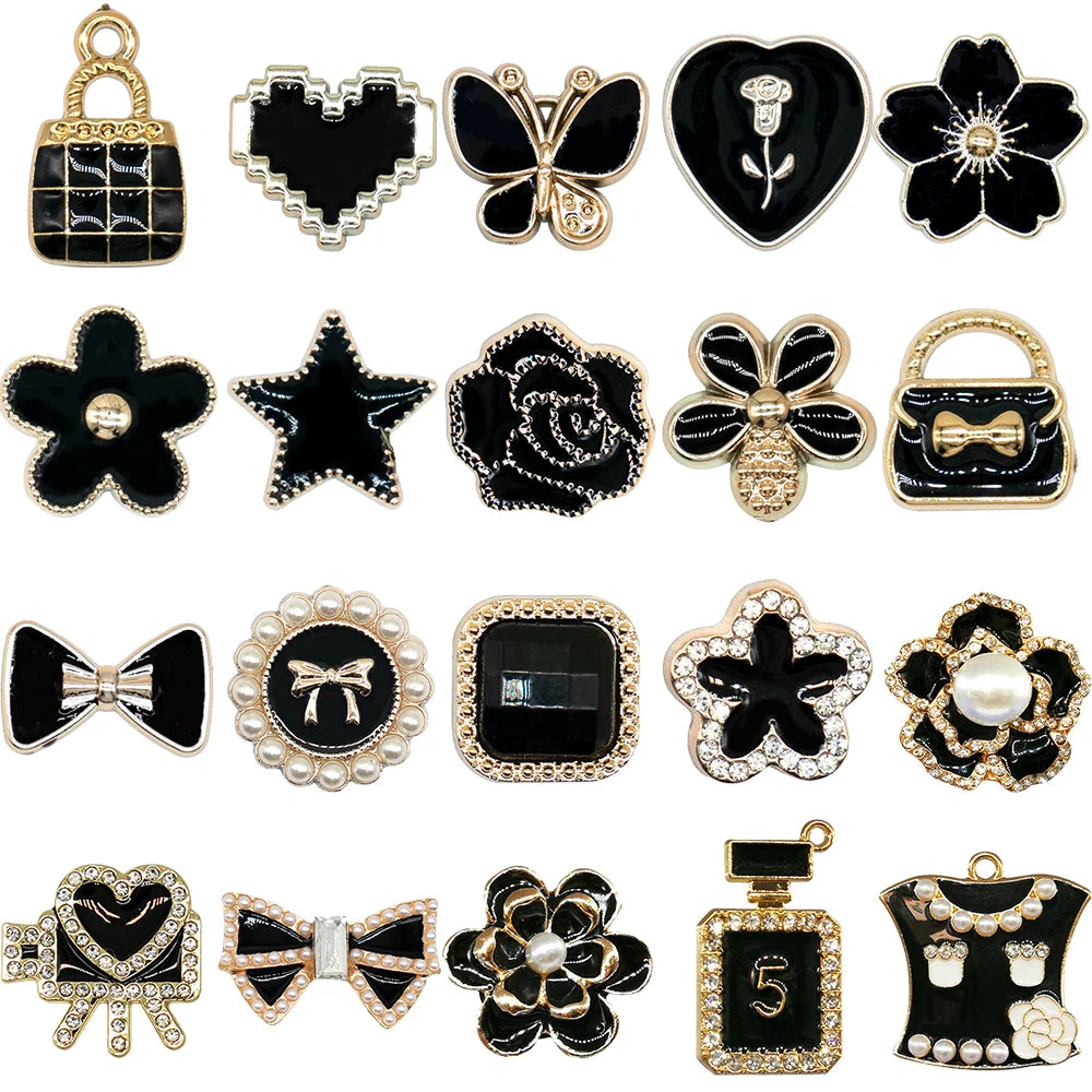 1/20pcs Black Metal Shoe Charms Bling Flower Luxury Bag Perfume Shoe Accessories Women Men Clog Buckle Sneaker Sandal Decoration