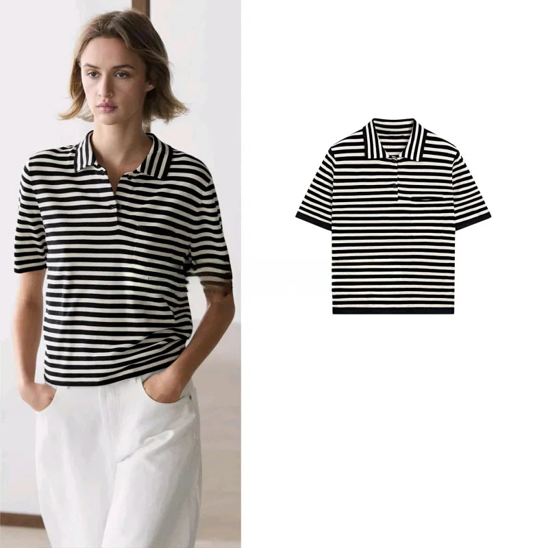 Summer New Women's Knitted Short Sleeve  Shirt Classic Stripes Preppy Style Casual Loose Fit Polyester Fiber 100%