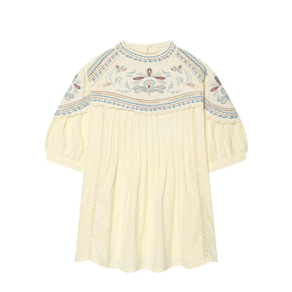 Stylish Embroidered Short Sets for Women Summer Matching Sets Round Neck Embroidered Short Sleeve Blouse and High-waisted Shorts