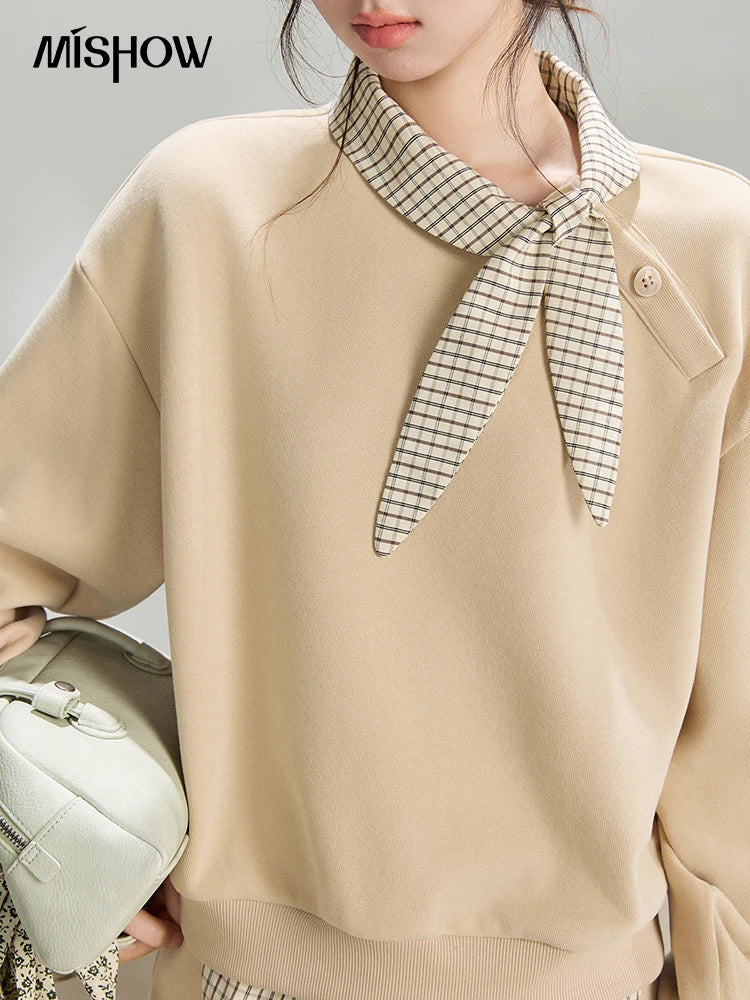 MISHOW Women's Plaid Tie Neck Sweatshirt 2026 Spring Splice Fake Two Piece Casual Tops Cotton Loose Beige Pullover MXF108V0464