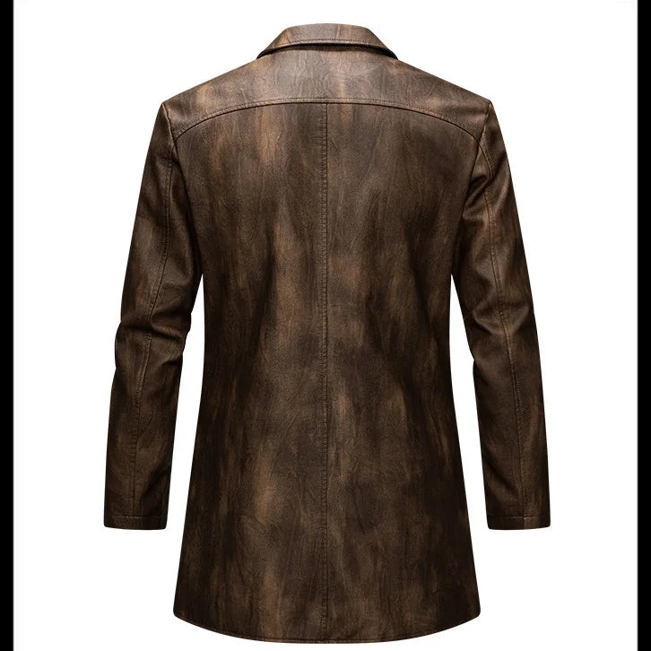 Man Leather Coat Autumn Winter American Retro Turn Down Collar Male Outerwear Mid Length Single-breasted  Long Sleeve Men Jacket