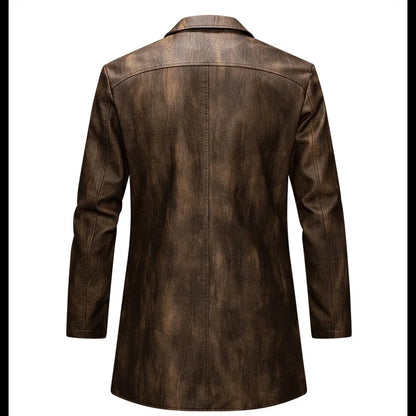Man Leather Coat Autumn Winter American Retro Turn Down Collar Male Outerwear Mid Length Single-breasted  Long Sleeve Men Jacket