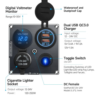 Dual Port Usb 36W On Off Digital Led Voltmeter For Car Splitter Cigarette Lighter Socket 12V QC Adapter 3.0 Quick Phone Charger