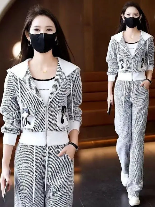 Brand Women's Autumn Sweater Jacket Wide Leg Pants Two-Piece Set Korean Style Loose Fit Long Sleeve Zipper Closure Fashion En...