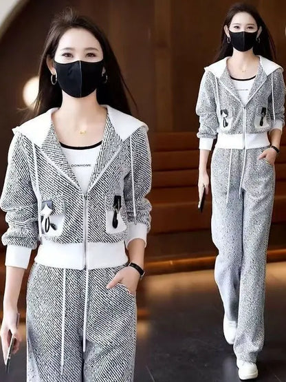 Brand Women's Autumn Sweater Jacket Wide Leg Pants Two-Piece Set Korean Style Loose Fit Long Sleeve Zipper Closure Fashion En...
