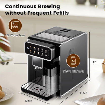 Mcilpoog AM7203 Automatic Espresso Machine ，Built-In Milk Frother & Tank, 7 Coffee Varieties, Touchscreen