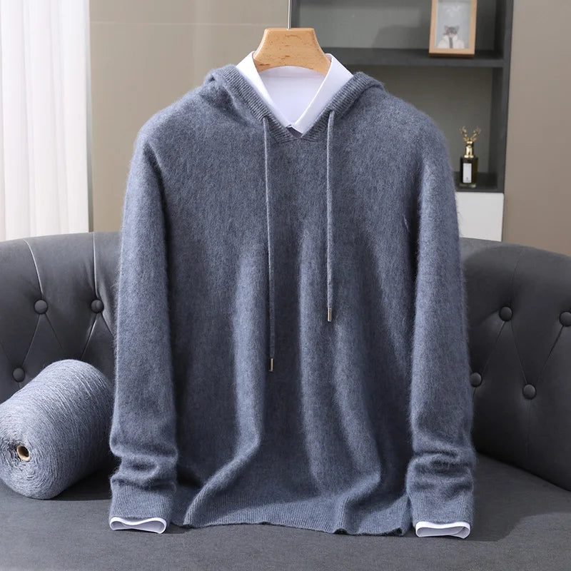 Autumn And Winter New 100% Pure Mink Wool Men Hooded Sweater Solid Color Knitted Sweater Loose Bottoming Leisure