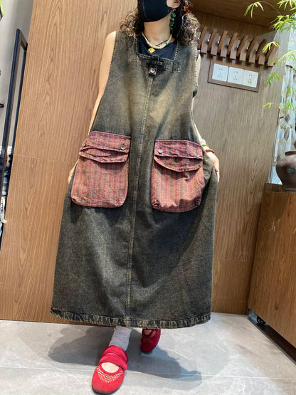 Color-blocked Large Pocket Denim Dress Women Sleeveless Suspender Tank Dress XY326