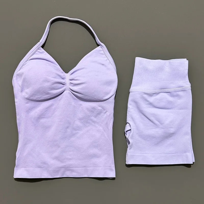 HISTELLO 2 Pieces Sports Set Women Yoga Longline Strap Top Scrunch Seamless Shorts Sport Gym Set Sportswear Workout Fitness Set