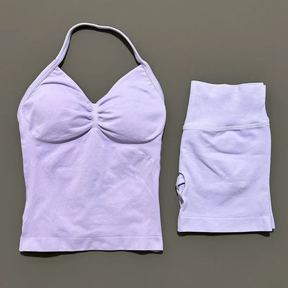 HISTELLO 2 Pieces Sports Set Women Yoga Longline Strap Top Scrunch Seamless Shorts Sport Gym Set Sportswear Workout Fitness Set