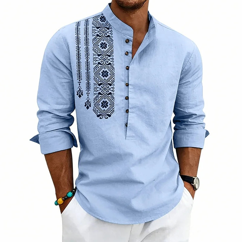 Spring and summer long-sleeved loose ethnic style linen printing breathable stand-up collar breasted long-sleeved shirt men