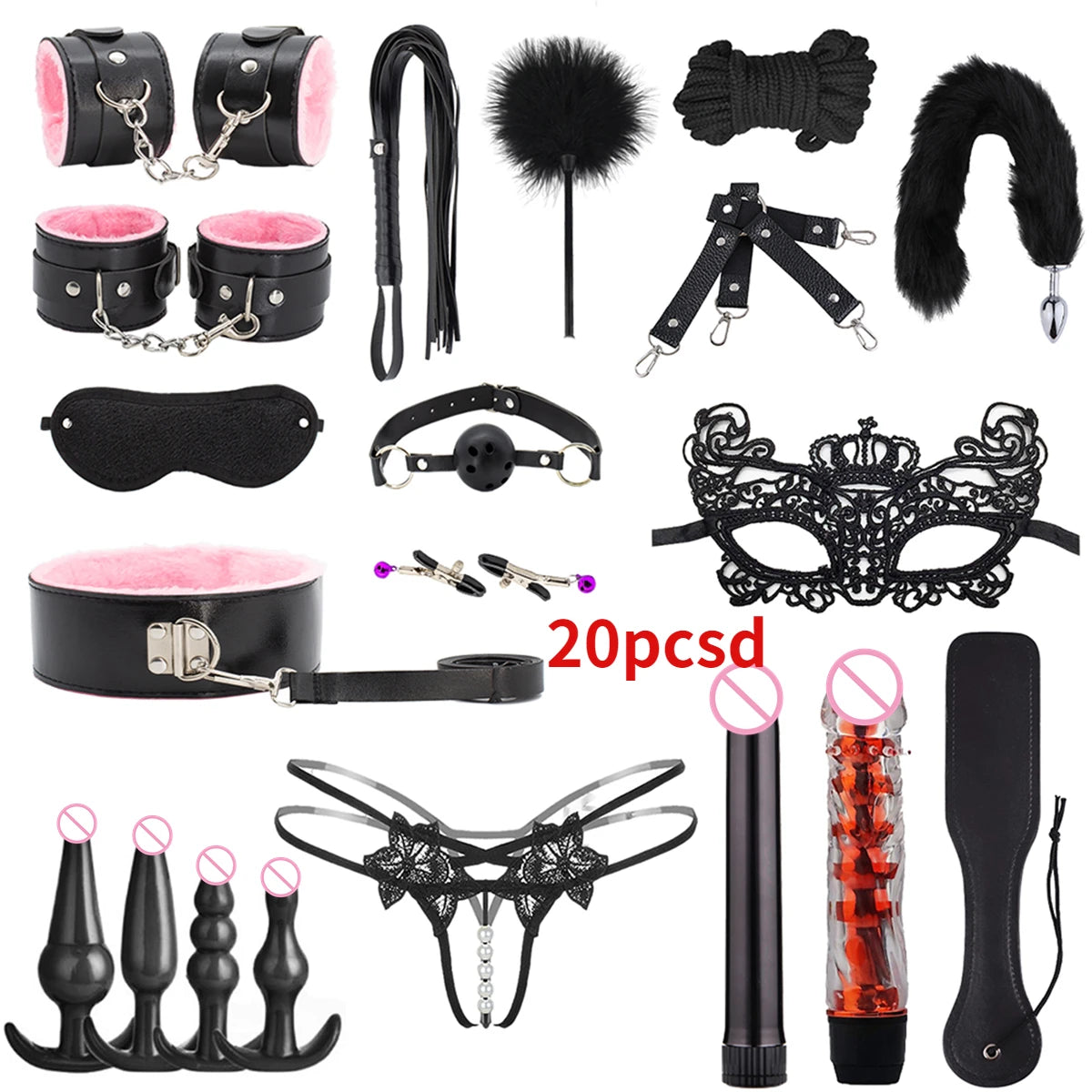 Erotic Sex Toys For Women Adults Games Nylon Bondage BDSM Kits Handcuffs Sex Whip Mouth Gag Rabbit Tail Anal Plug
