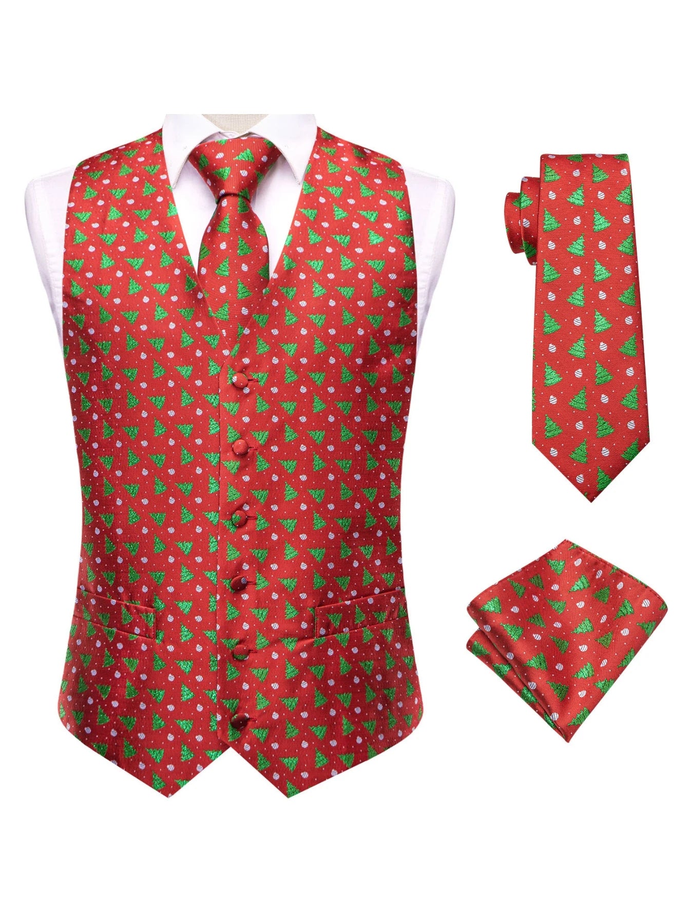 Men's Christmas Print Vest 3-Piece Set: Vest, Tie, Pocket Square, Red Blue Green Yellow for Holiday Parties