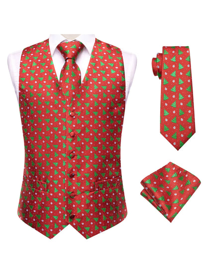 Men's Christmas Print Vest 3-Piece Set: Vest, Tie, Pocket Square, Red Blue Green Yellow for Holiday Parties