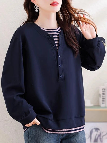 plus Size Fashionable Striped Mock Two-Piece Sweatshirt Casual Loose Women's Autumn Top round Neck Long Sleeve Commute Style