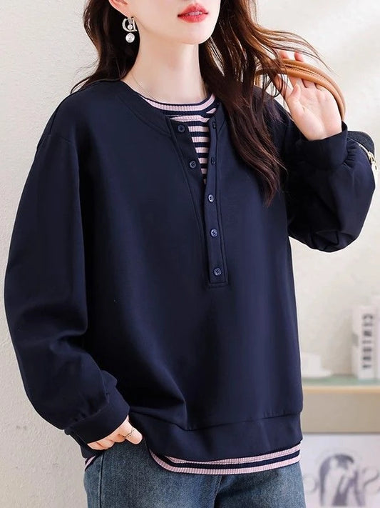 plus Size Fashionable Striped Mock Two-Piece Sweatshirt Casual Loose Women's Autumn Top round Neck Long Sleeve Commute Style