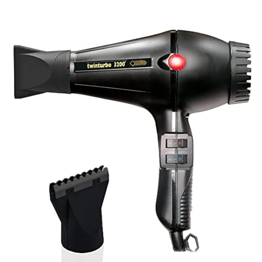 Professional high-speed hair dryer for salon use, black ABS plastic, black color, 3200W turbo power with hot blow attachment fo