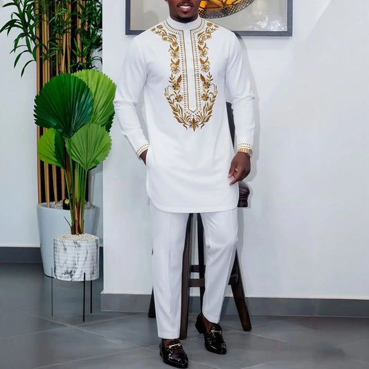 2026 New White Embroidered Men's 2-piece Suit Men's Outfit 2026 Muslim Long Dress Robe Abaya Ramadan Dubai Luxury Islam Elegant