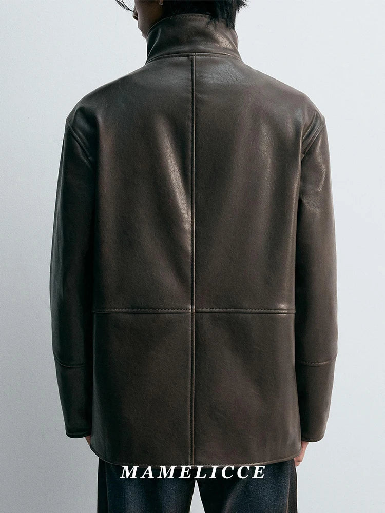 MAMELICCE Original design wool stand collar jacket Contrasting PU faux leather Casual coat Men's clothing Vintage jackets