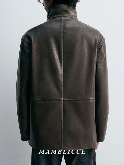 MAMELICCE Original design wool stand collar jacket Contrasting PU faux leather Casual coat Men's clothing Vintage jackets